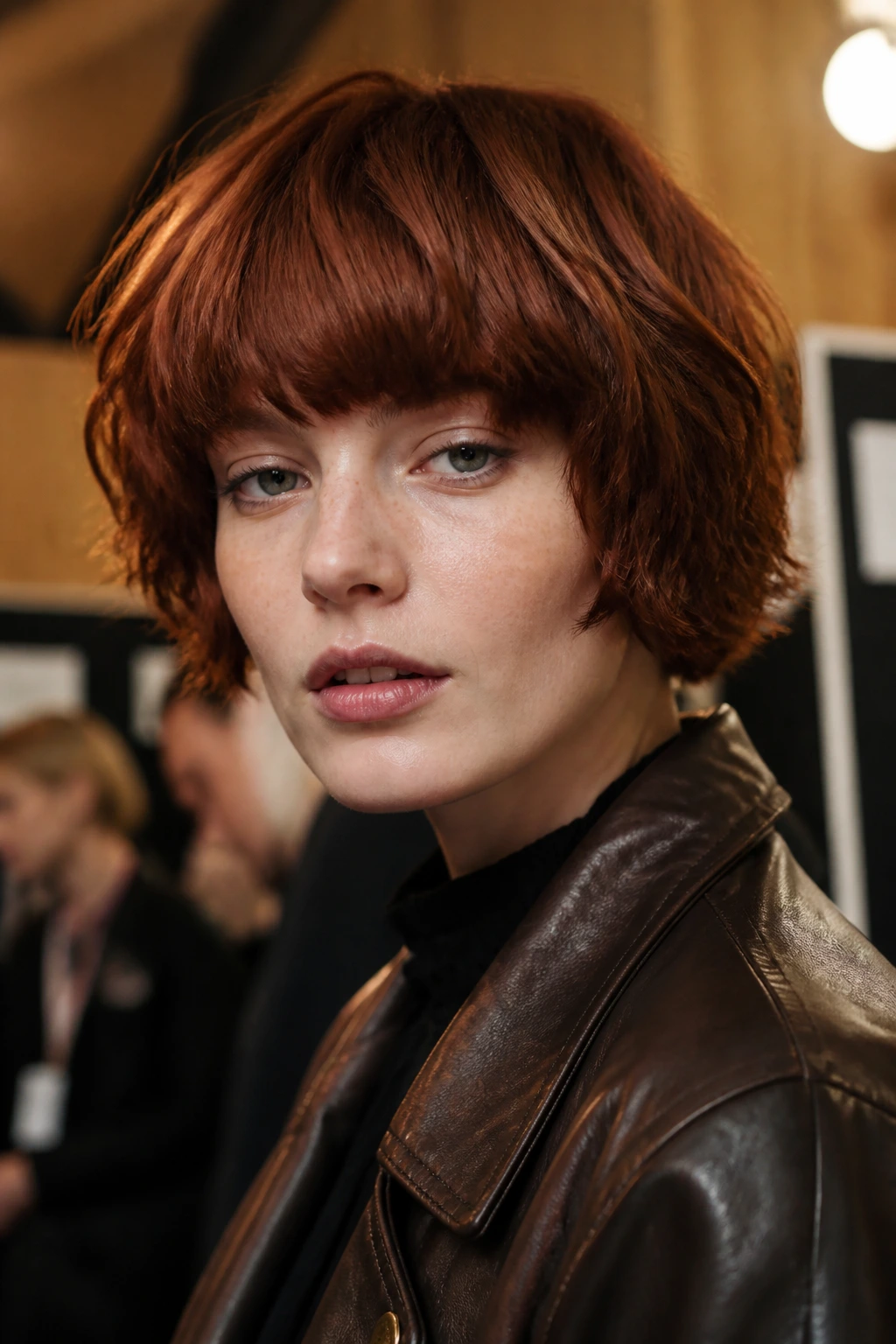 Portrait of woman with textured chestnut-red bowl shag