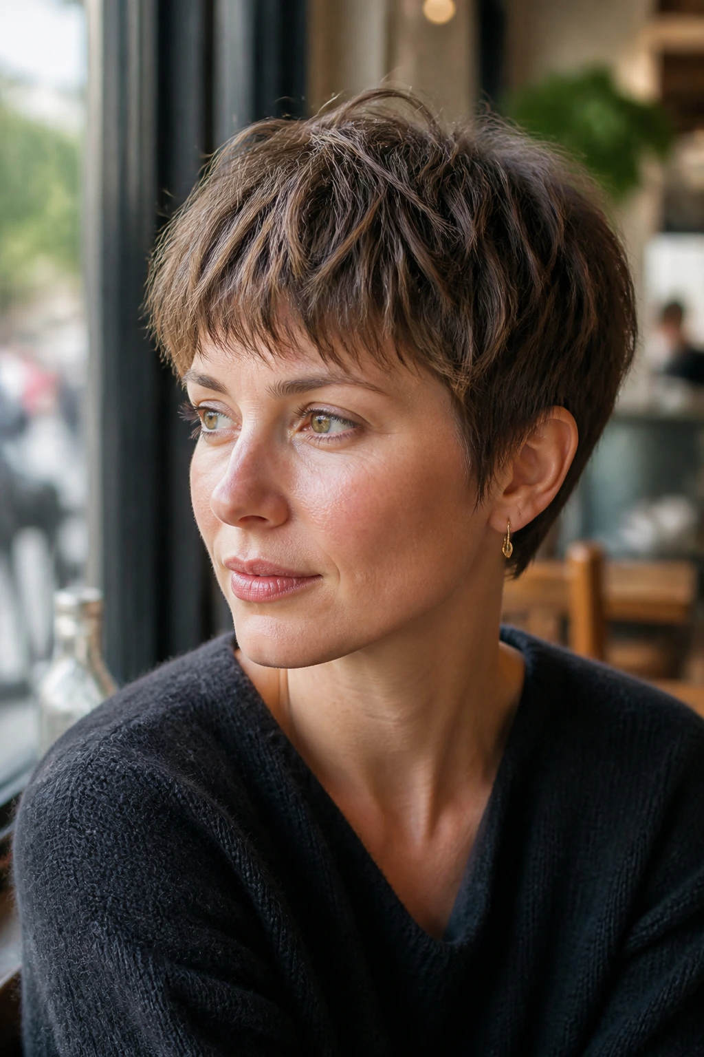 Cropped Bowl-Shag Pixie close-up of a real woman with rounded bowl silhouette and shaggy texture