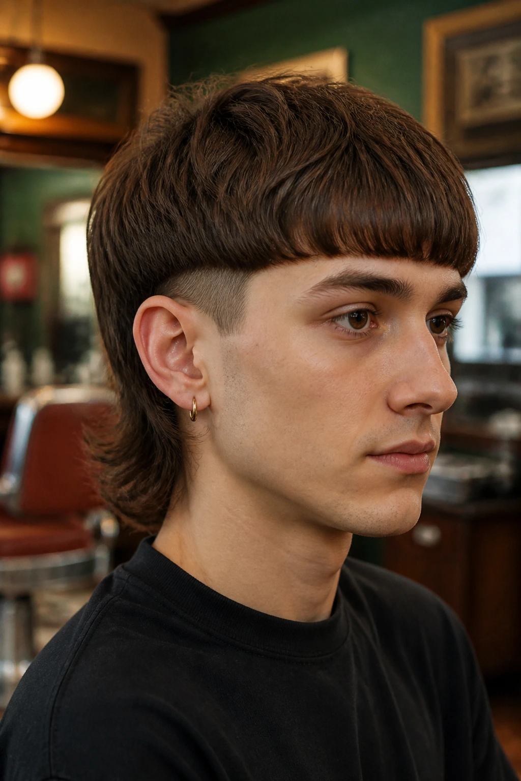 Portrait of a real person with a bowl-to-mullet hybrid hairstyle in a retro salon.