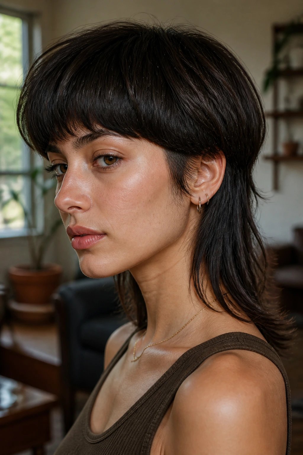 Close-up of a real woman with bowl-to-mullet hybrid hairstyle in natural window light