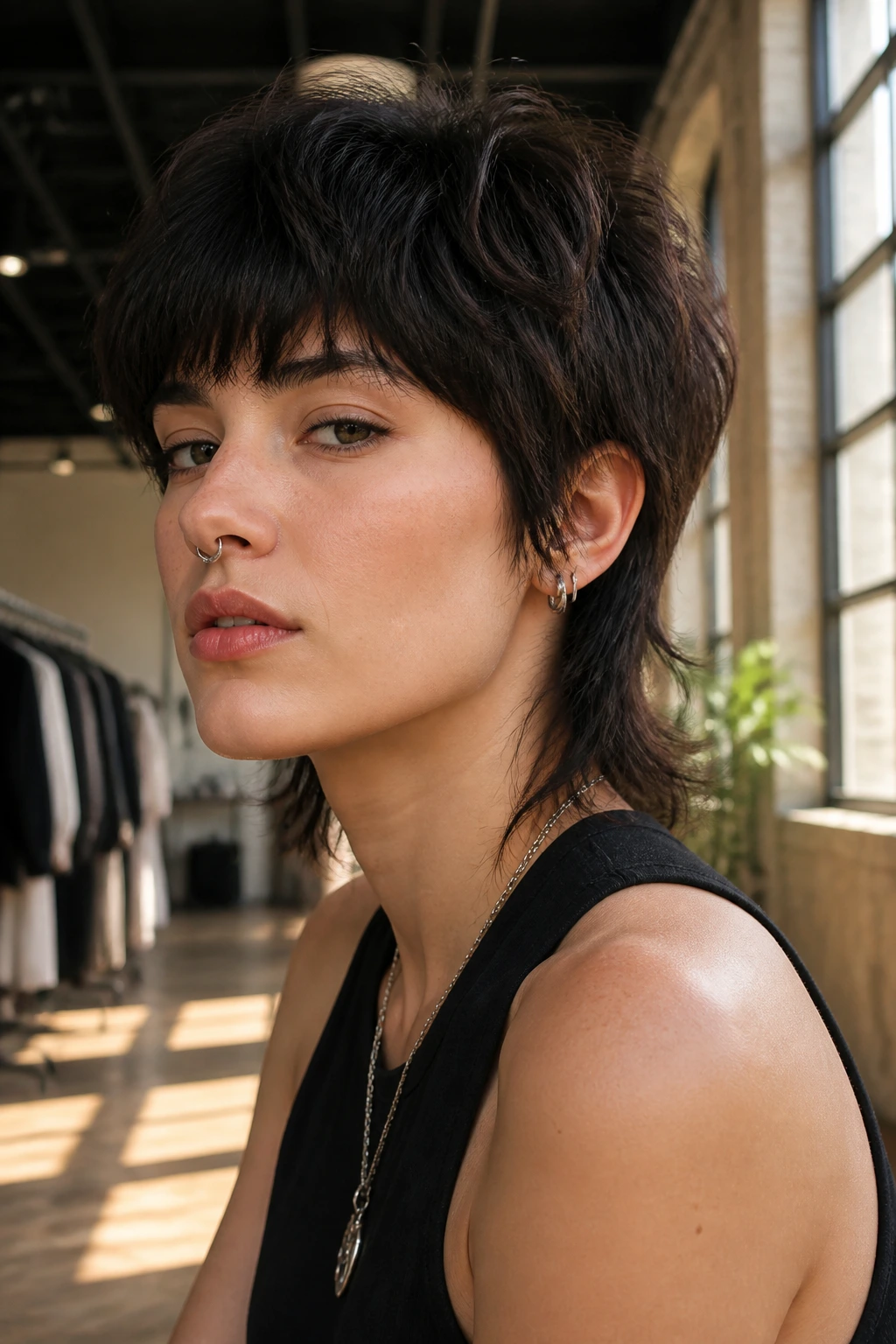 Close-up portrait of a real person with bowl-to-wolf cut pixie in a boutique hallway