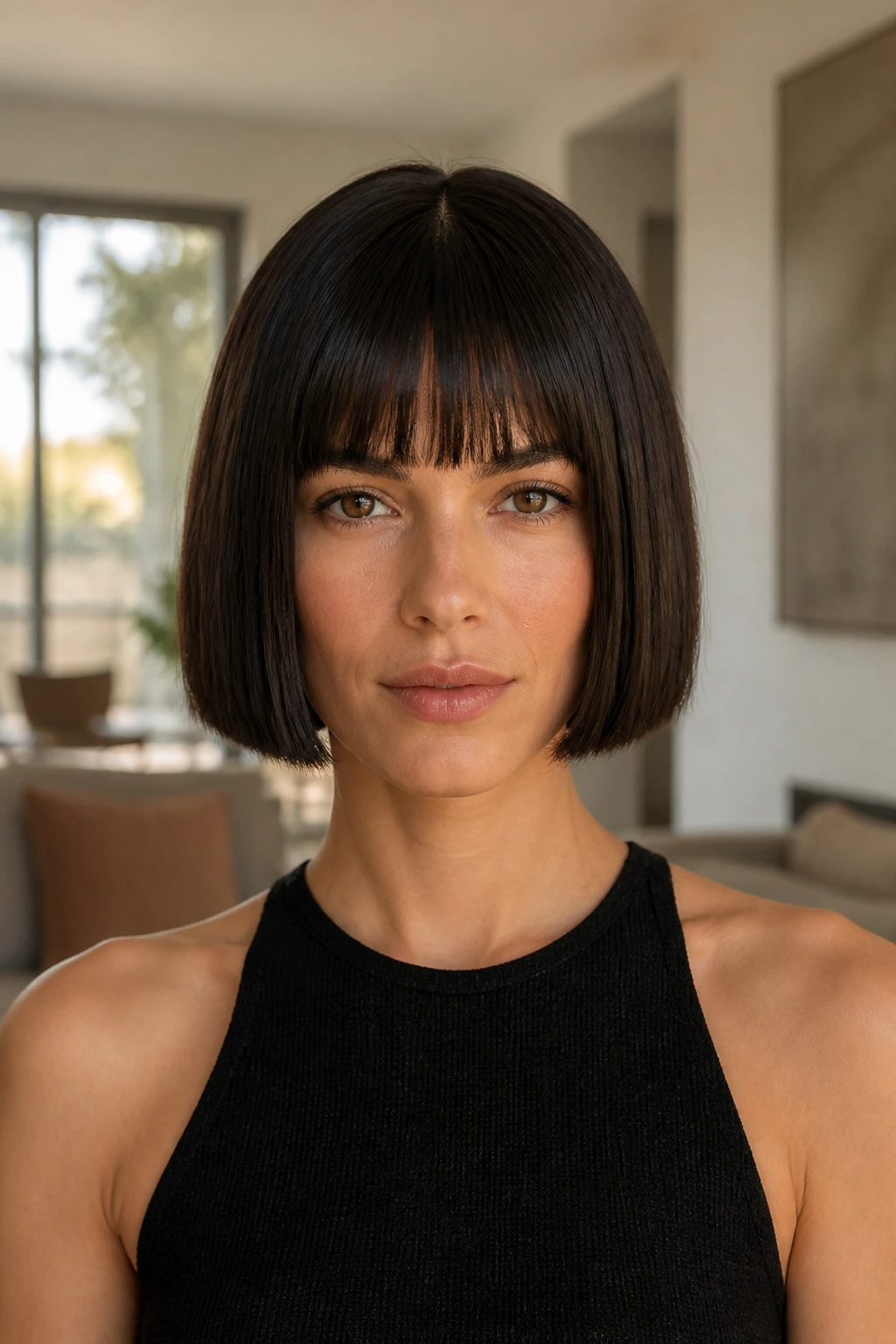 Front portrait of a real woman with a square-outline blunt box bob