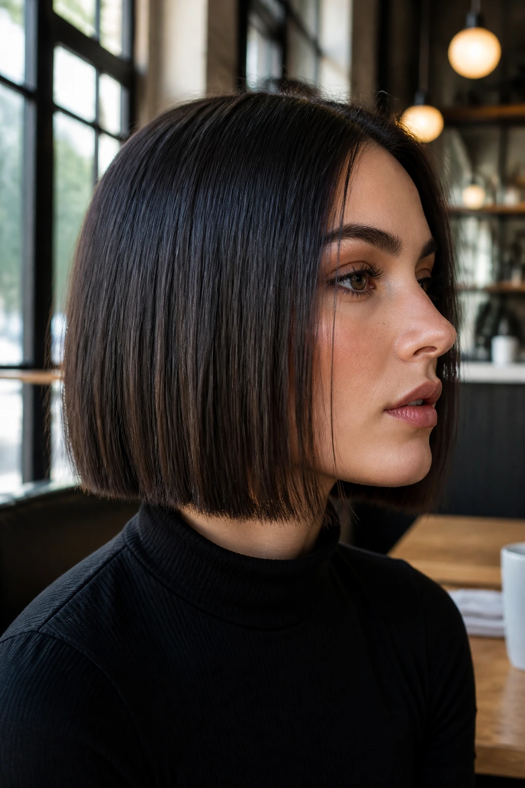 Close-up portrait of person with blunt box bob in daylight cafe