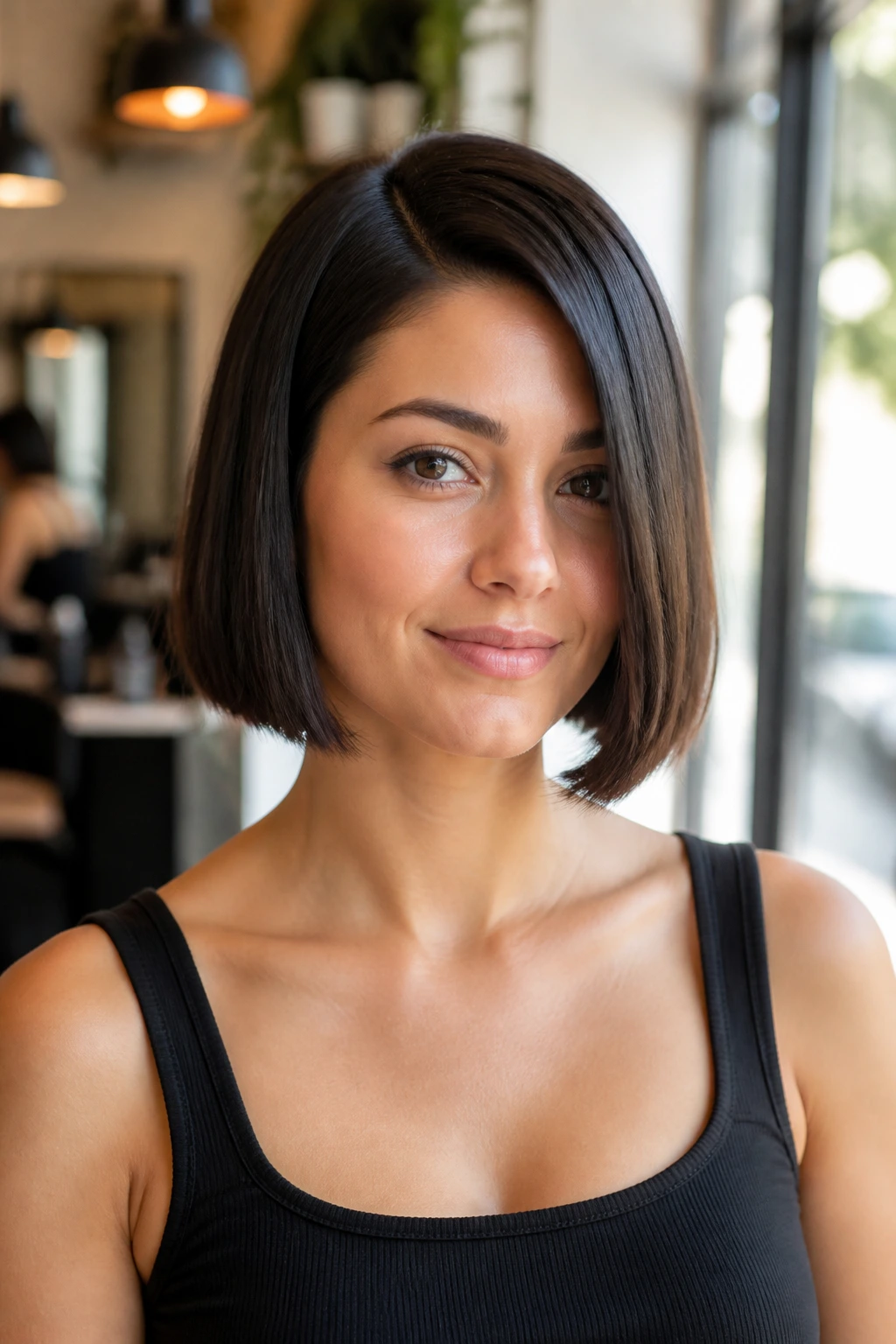 Close-up of a real woman with a Box Bob featuring blunt square silhouette and off-center part