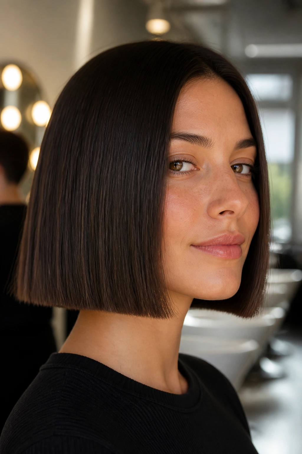 Close-up portrait of a real woman with a Box Bob, square blunt perimeter and straight hair