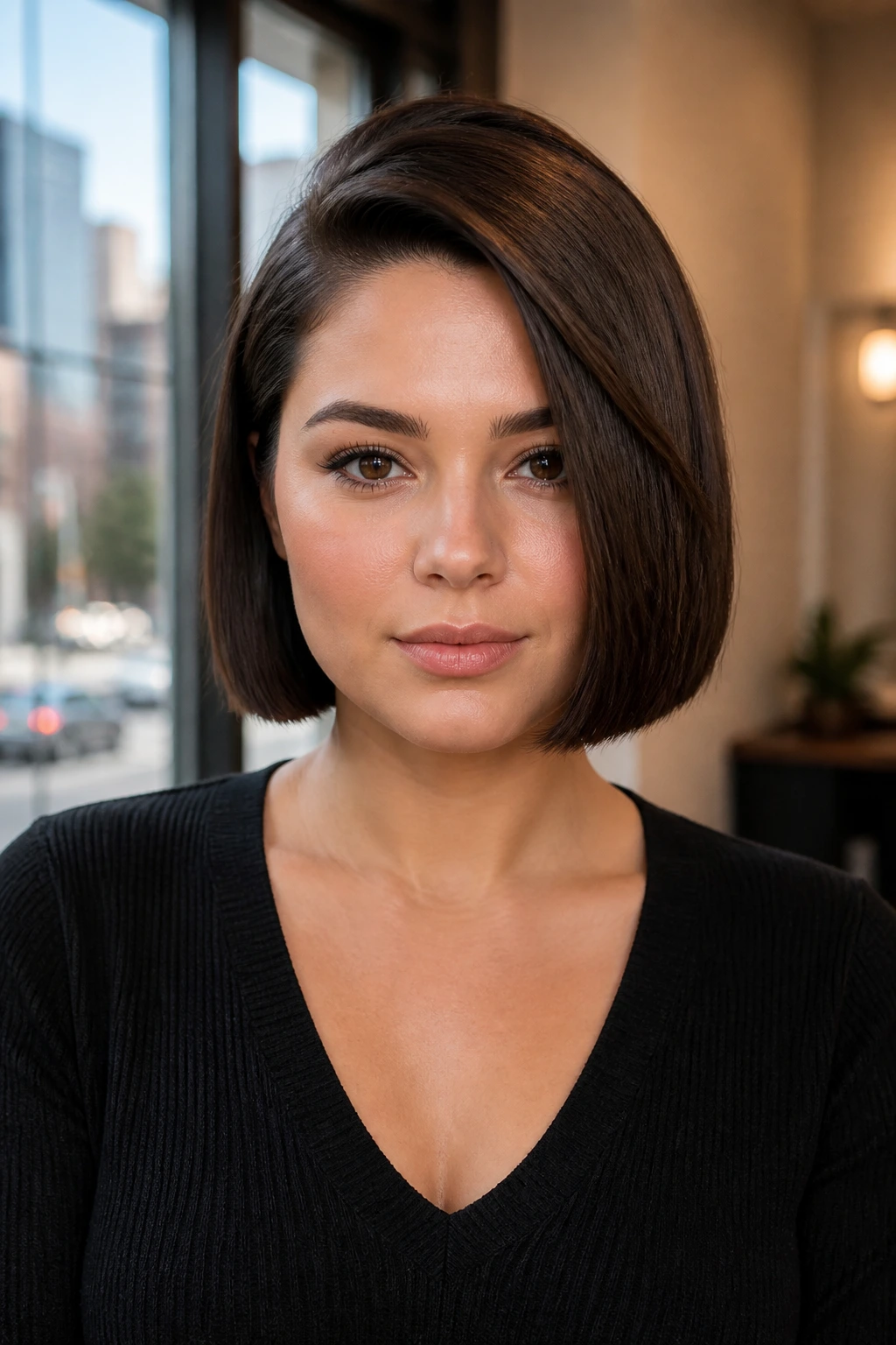 Portrait of a woman with a box bob and a deep side part
