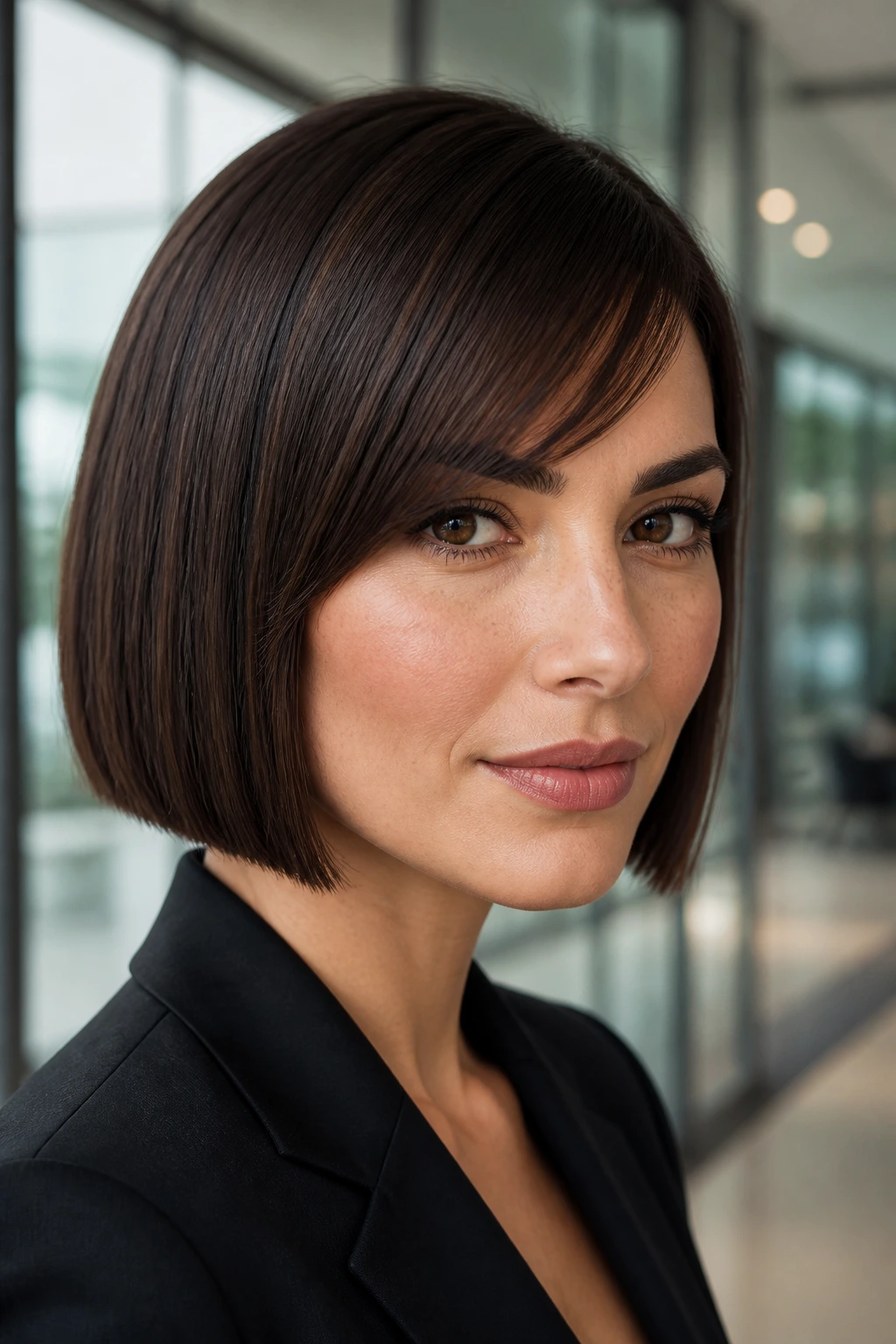 Close-up portrait of a woman with a sharp box bob and diagonal bangs in a modern office setting