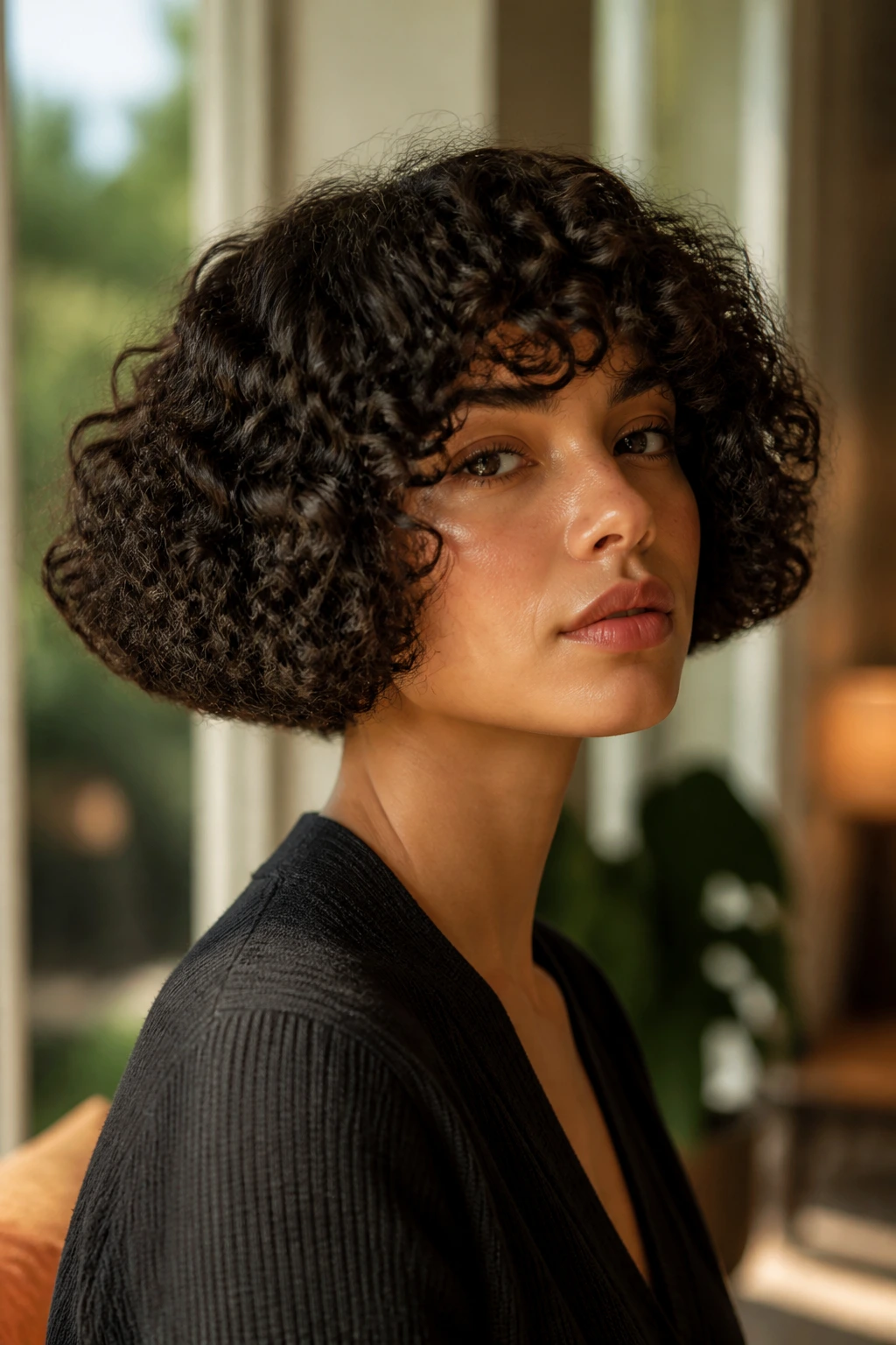 Close-up portrait of a real woman with Box Bob hairstyle, strong square silhouette