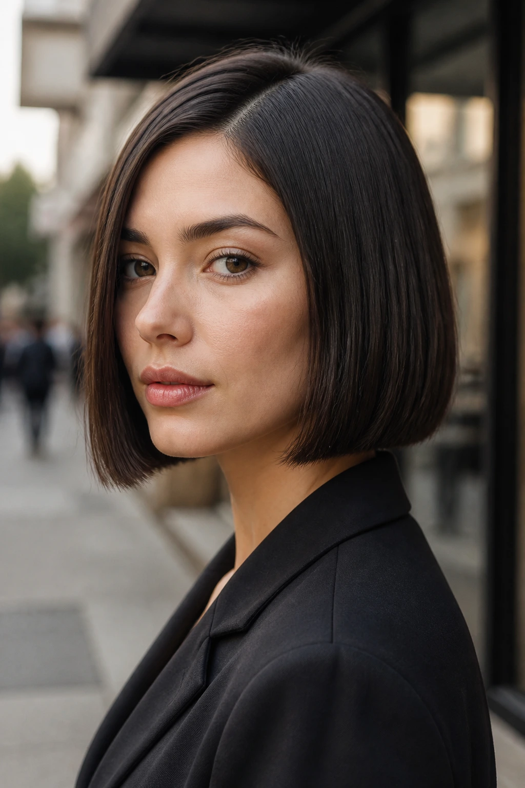 Close-up of a woman with a blunt square-edged Box Bob on a city sidewalk in natural daylight