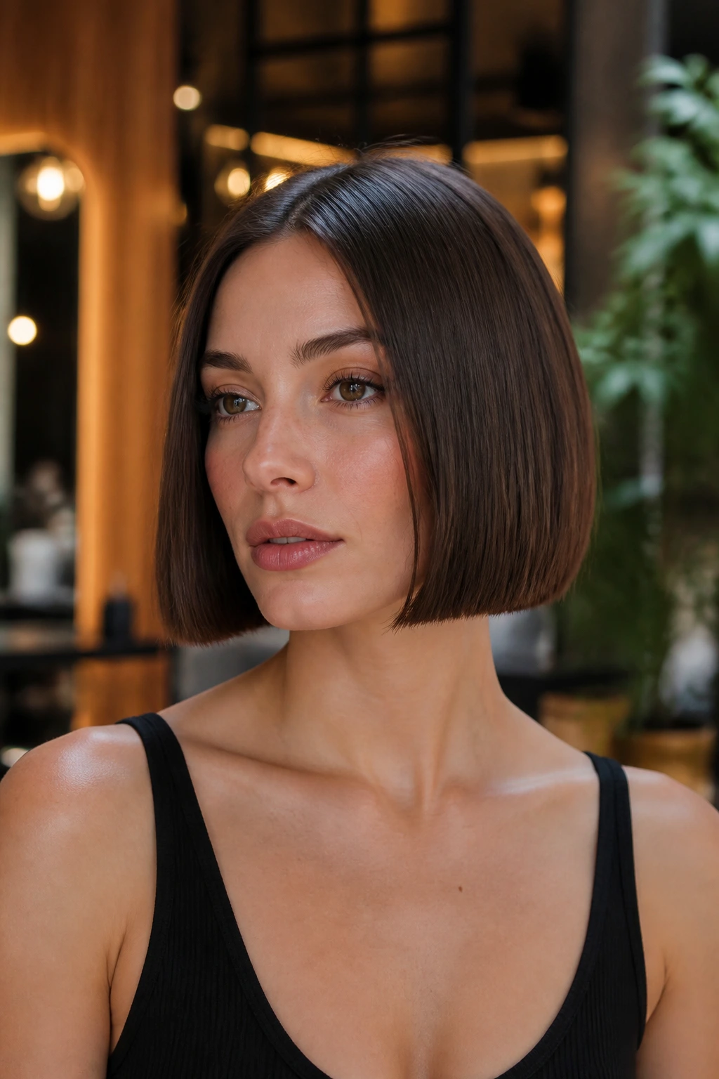 Close-up portrait of a real woman with a jaw-length box bob