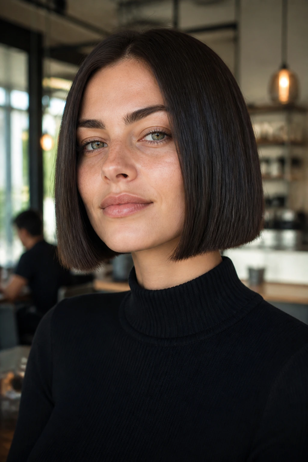Close-up portrait of a real woman with a box bob showing crisp straight ends