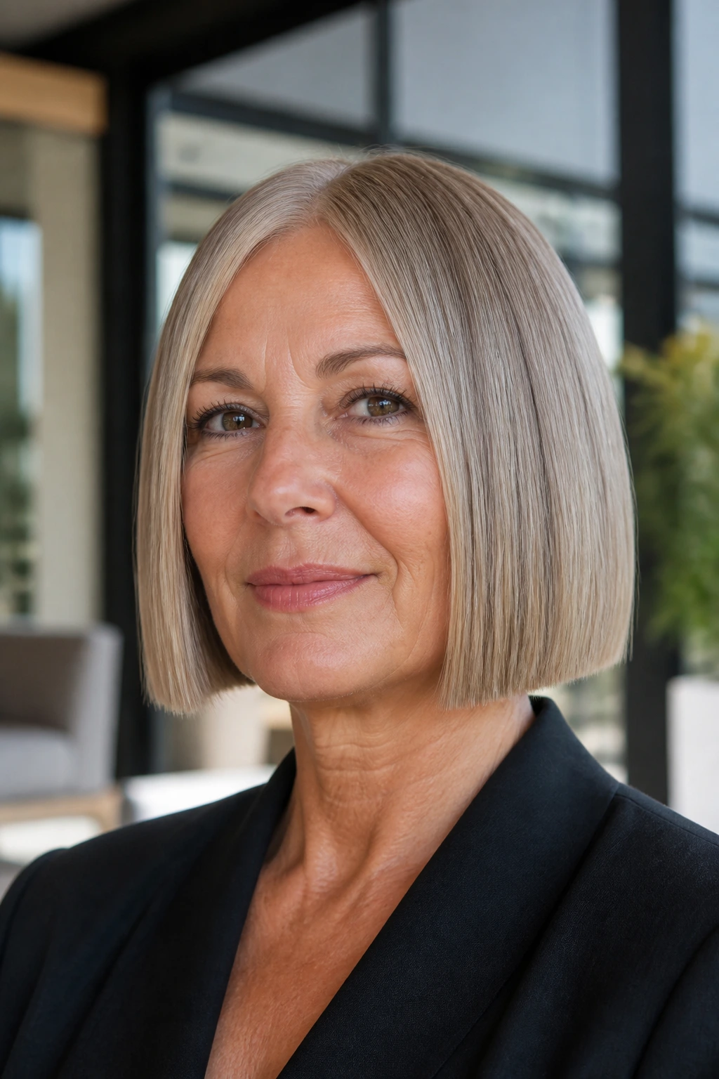 Close-up portrait of a real woman with a sharp box bob and razor-clean ends in a bright lobby.