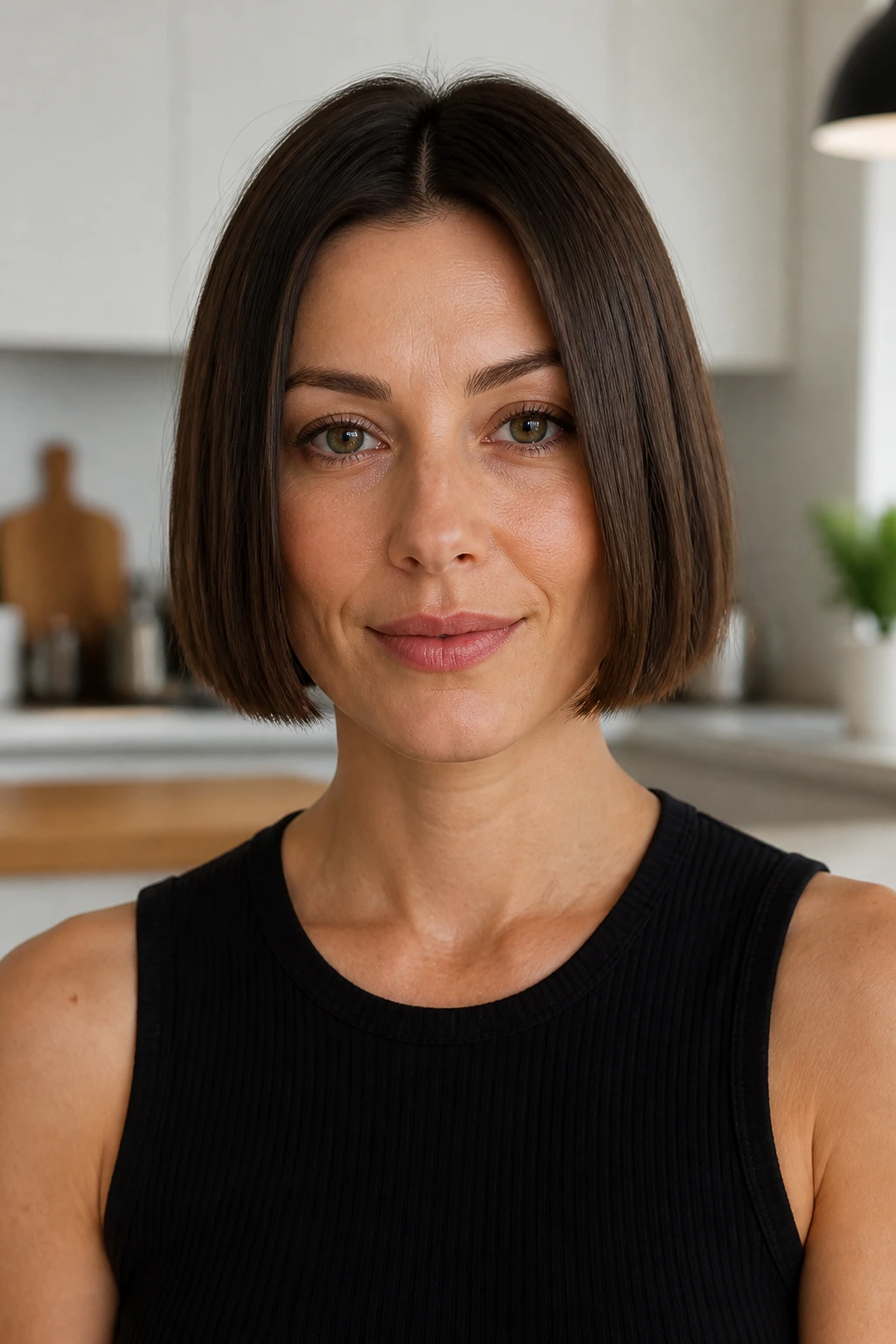 Portrait of a woman with a box bob and sharp silhouette