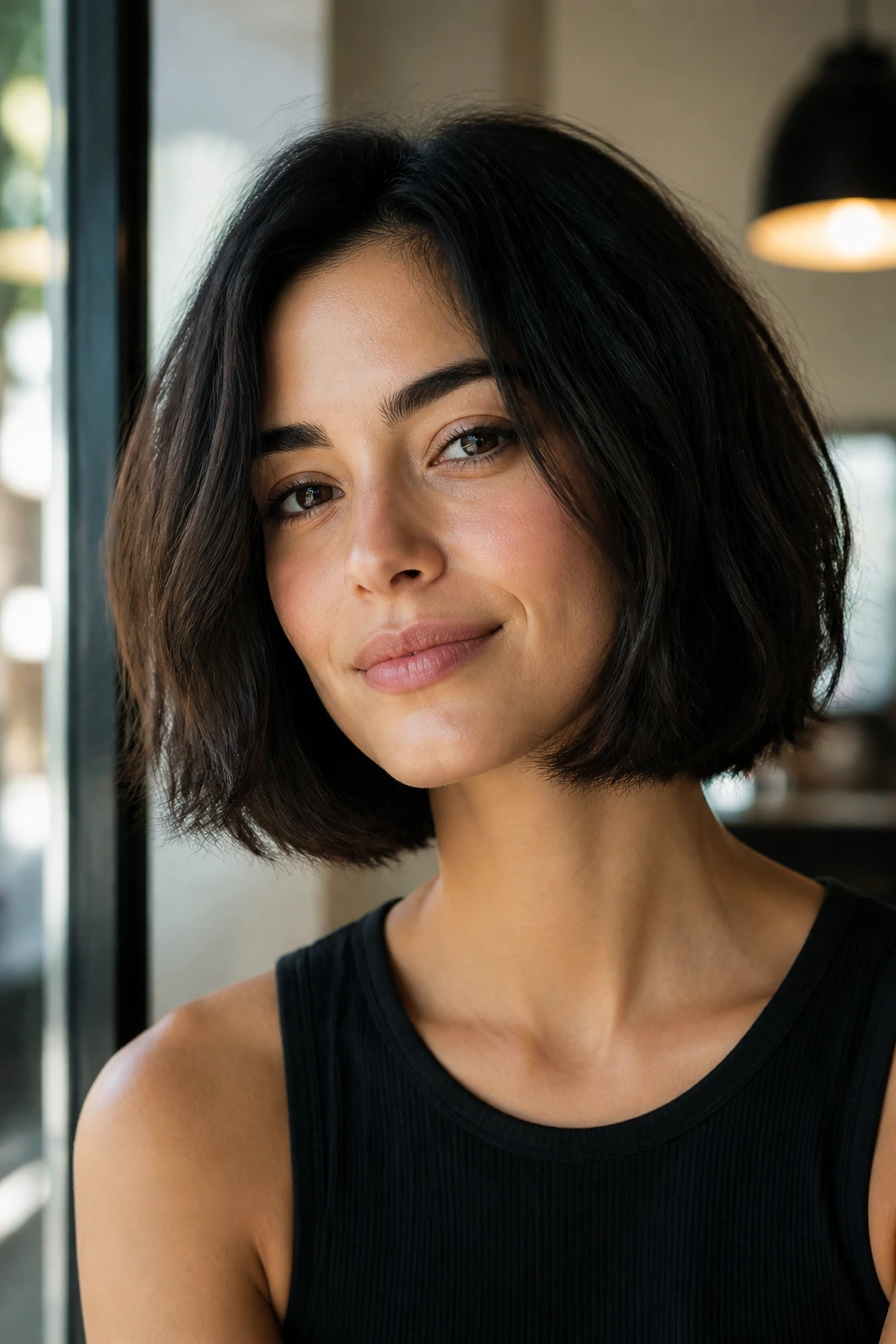 Real woman with a soft-ended box bob in a sunlit cafe window