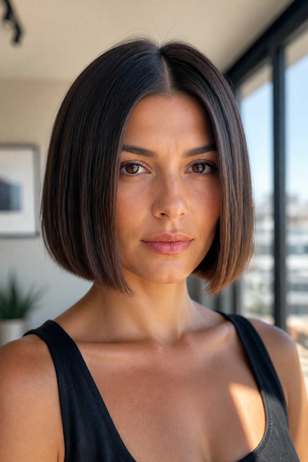 Real woman with boxy square-perimeter bob in a bright apartment