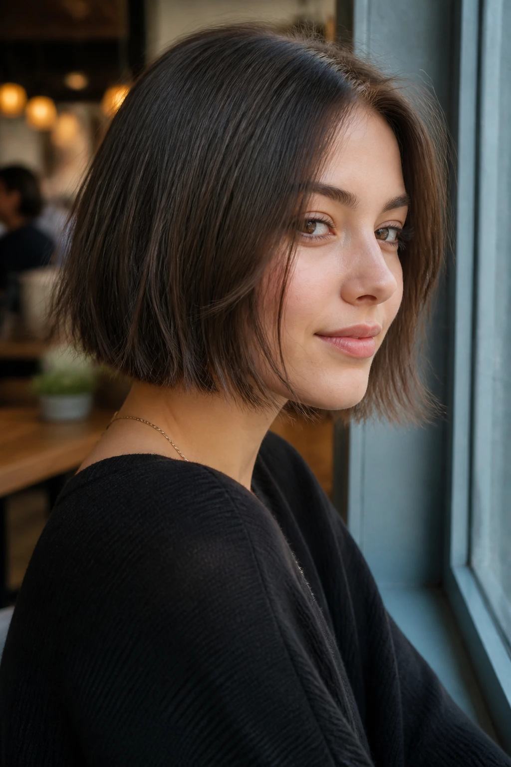 Close-up portrait of a real woman with a jaw-length box bob and wispy feathered ends in warm window light