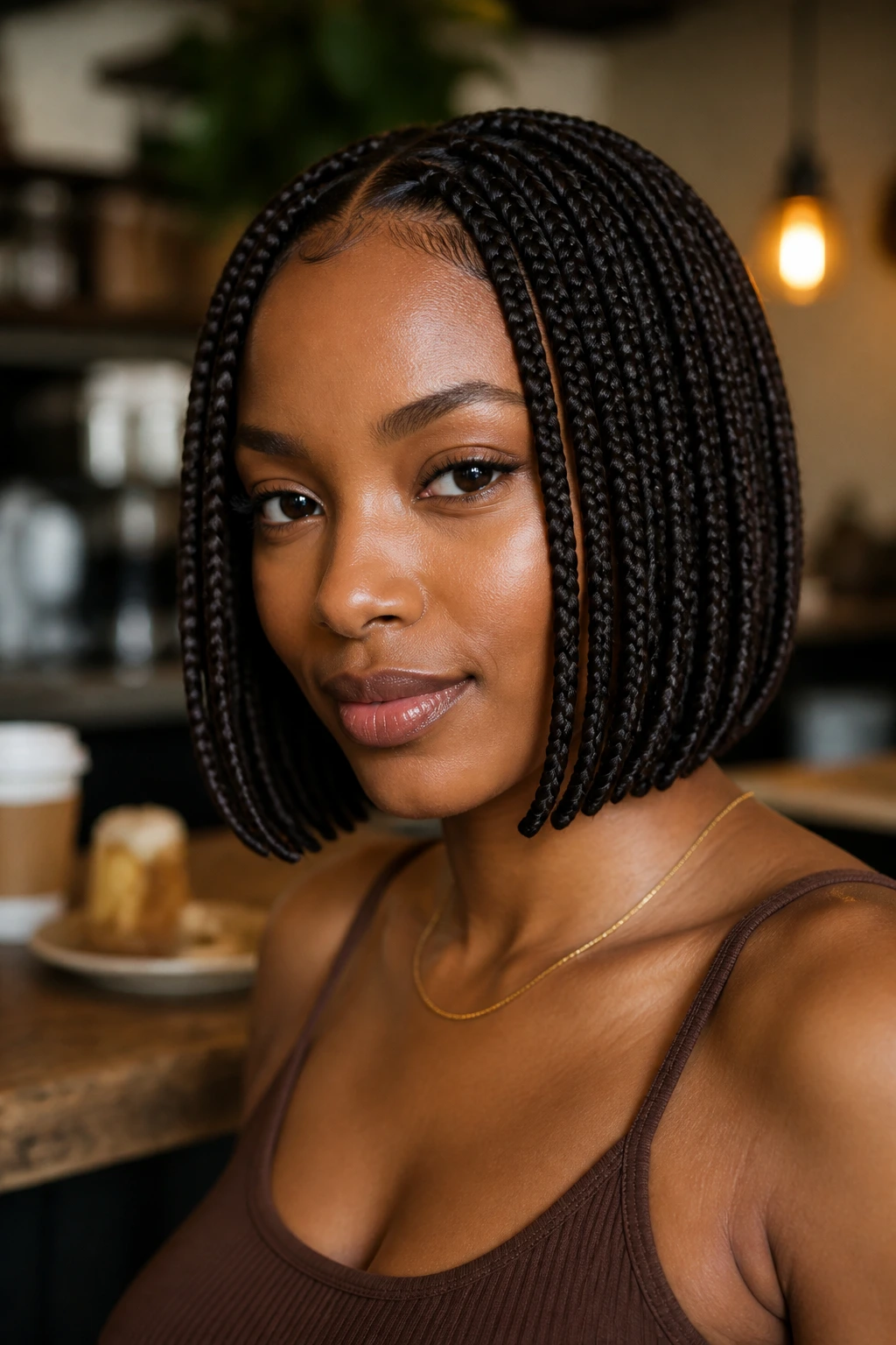 Close-up portrait of a woman with box braid bob and crisp blunt ends