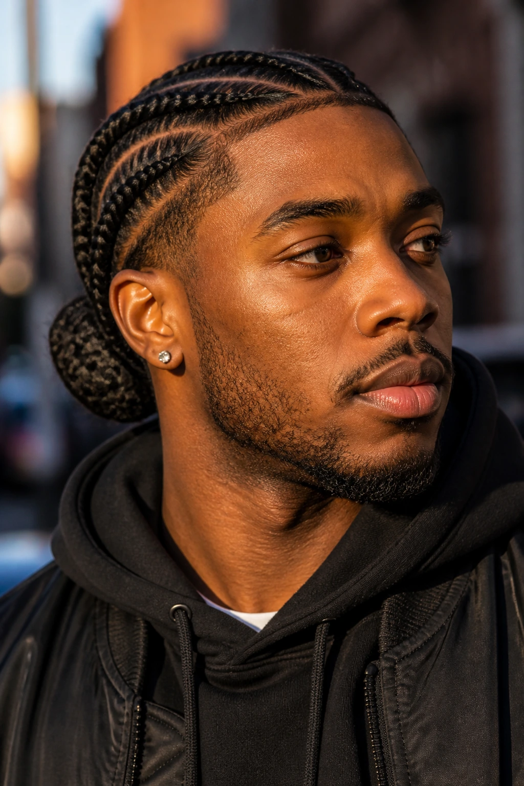 Close-up of a real man with a box braid bun at the nape.