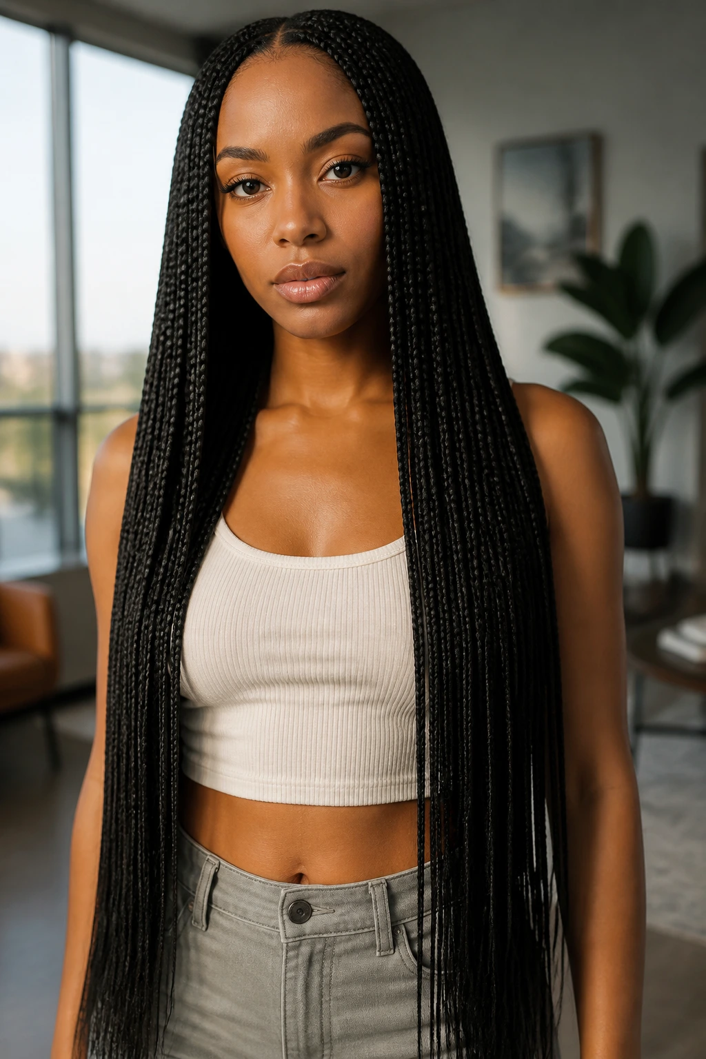 Close-up portrait of waist-length box-braid crochet on a real person