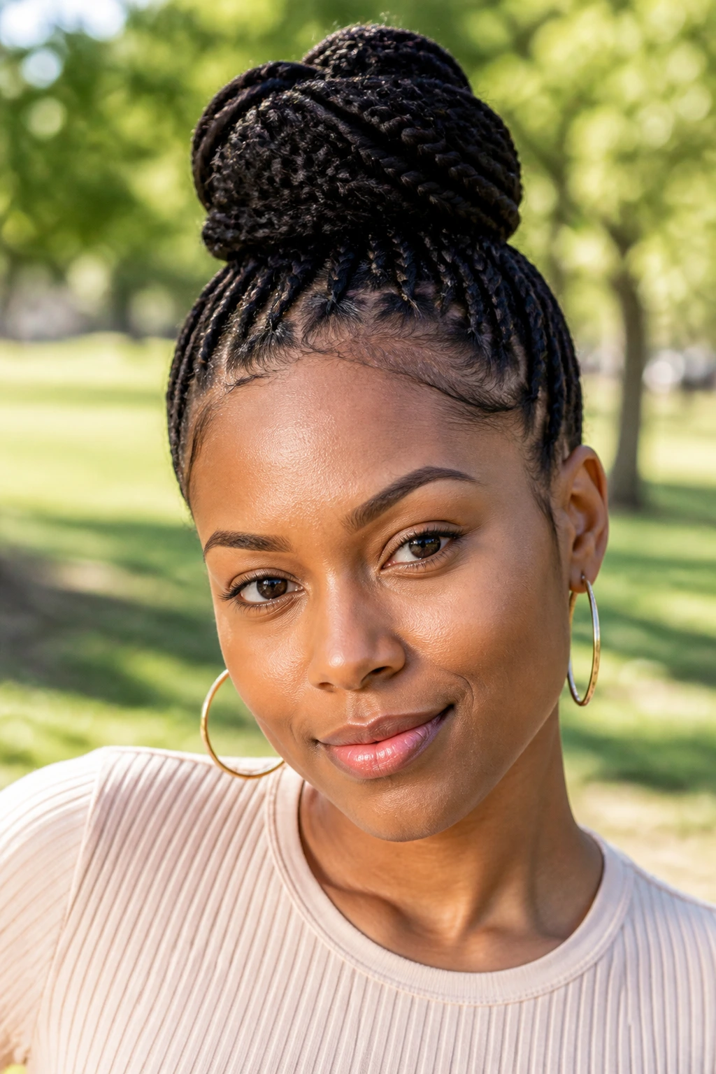 Close-up of a real woman with box braids in a high bun