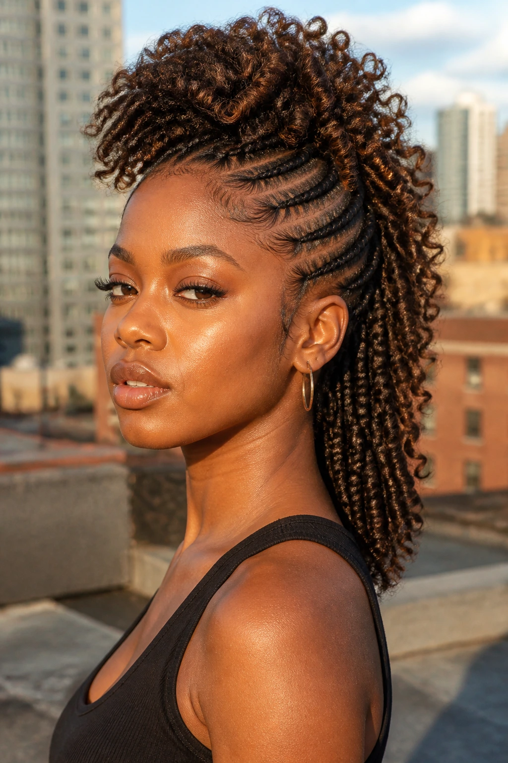 Close-up of box-braid curly mohawk on sunlit rooftop