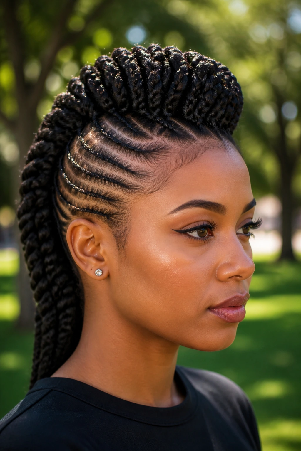 Close-up of Box Braid Mohawk on a real woman with a raised center ridge of medium box braids