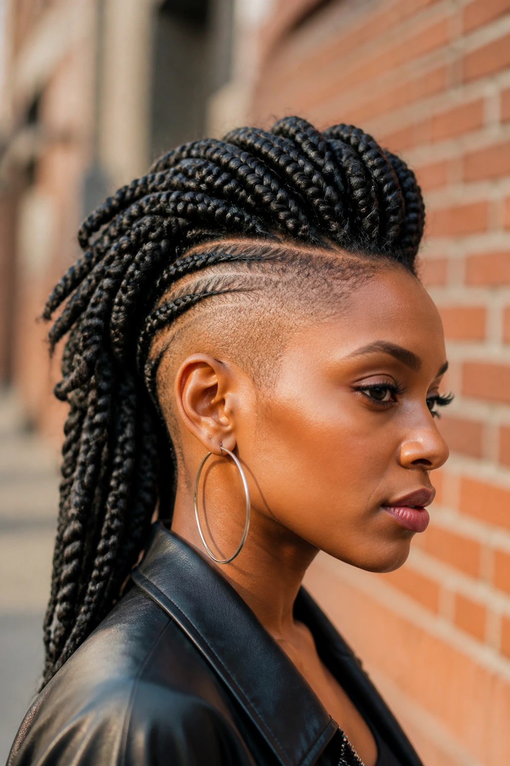 Close-up of a real woman with box braid mohawk on city street