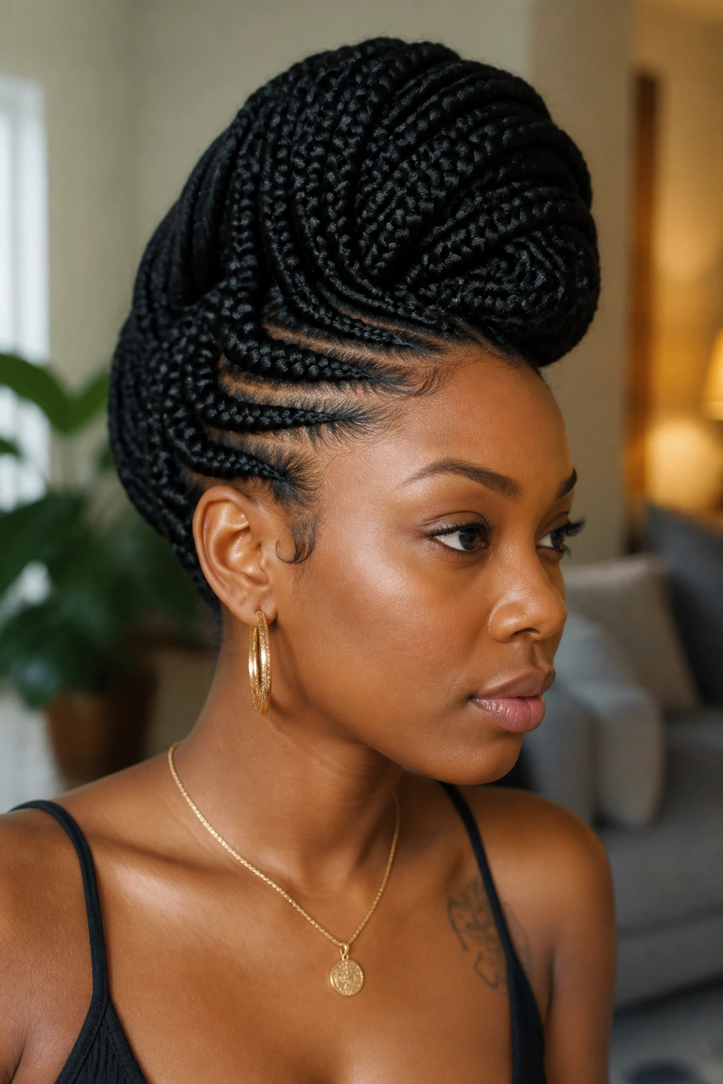 Real woman with box braid mohawk updo, portrait