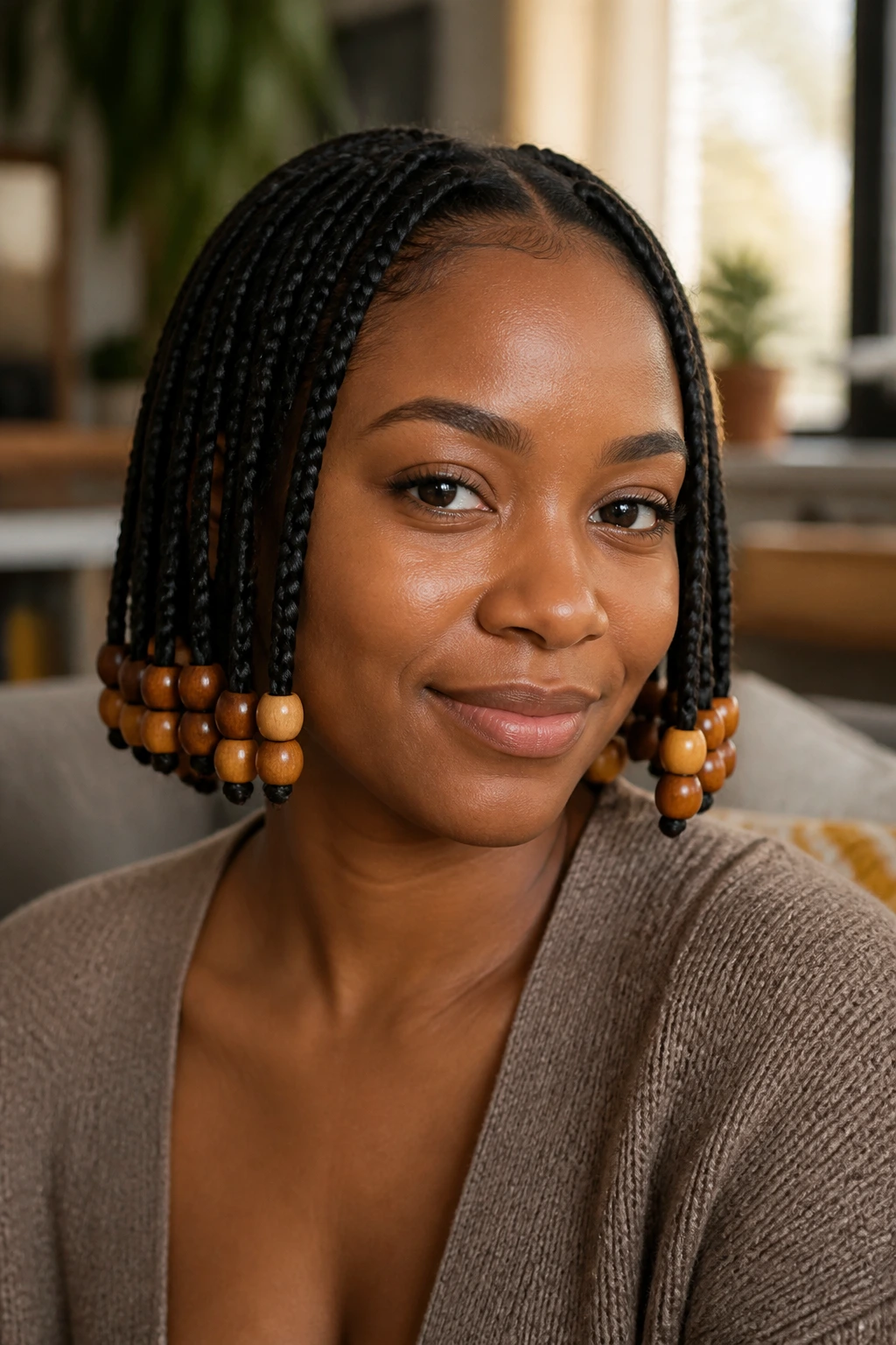 Close-up portrait of a real woman with beaded ends on short box braids