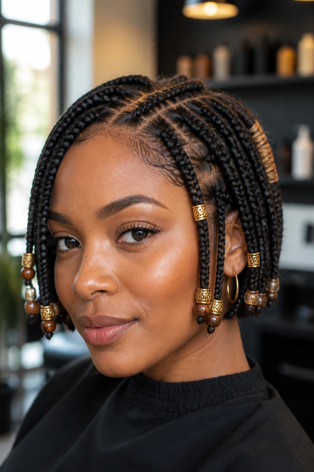Close-up of a real person’s short box braids with gold cuffs and beads in a cozy salon.