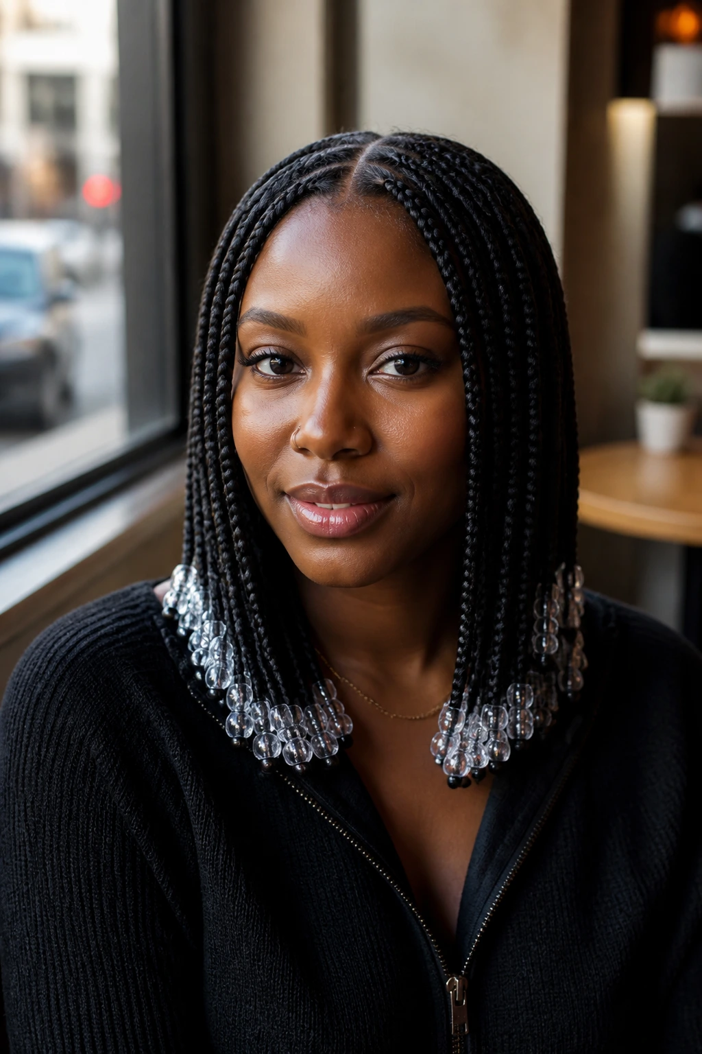 Close-up of a woman with sleek middle-part box braids and clear end beads.