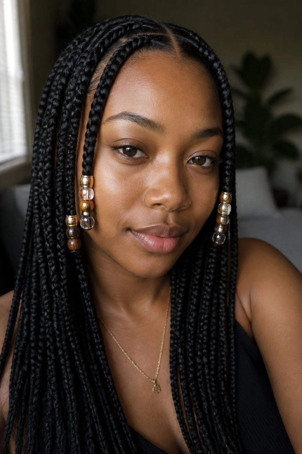 Close-up of a real woman wearing box braids with beads on front pieces