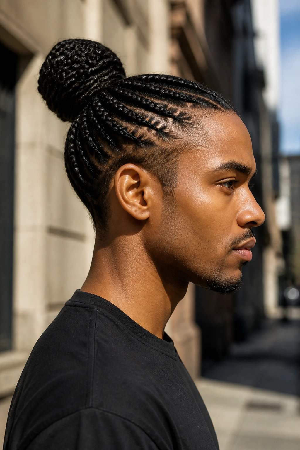 Man with box-braid bun in outdoor urban setting.