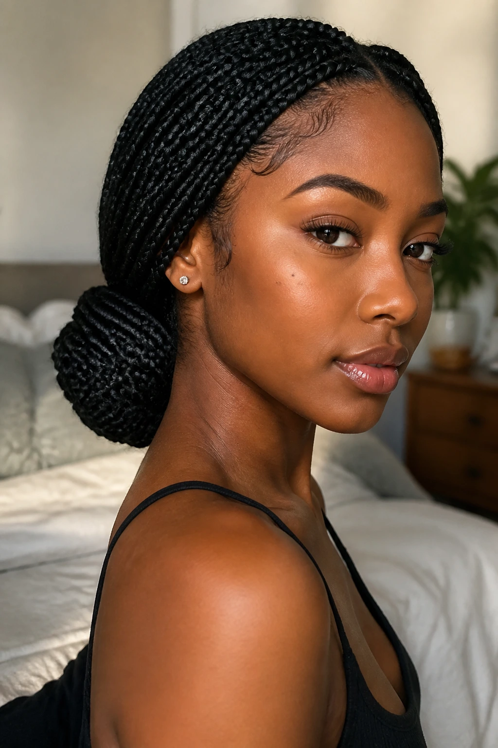 Close-up portrait of a real woman with long box braids in a low wrapped bun