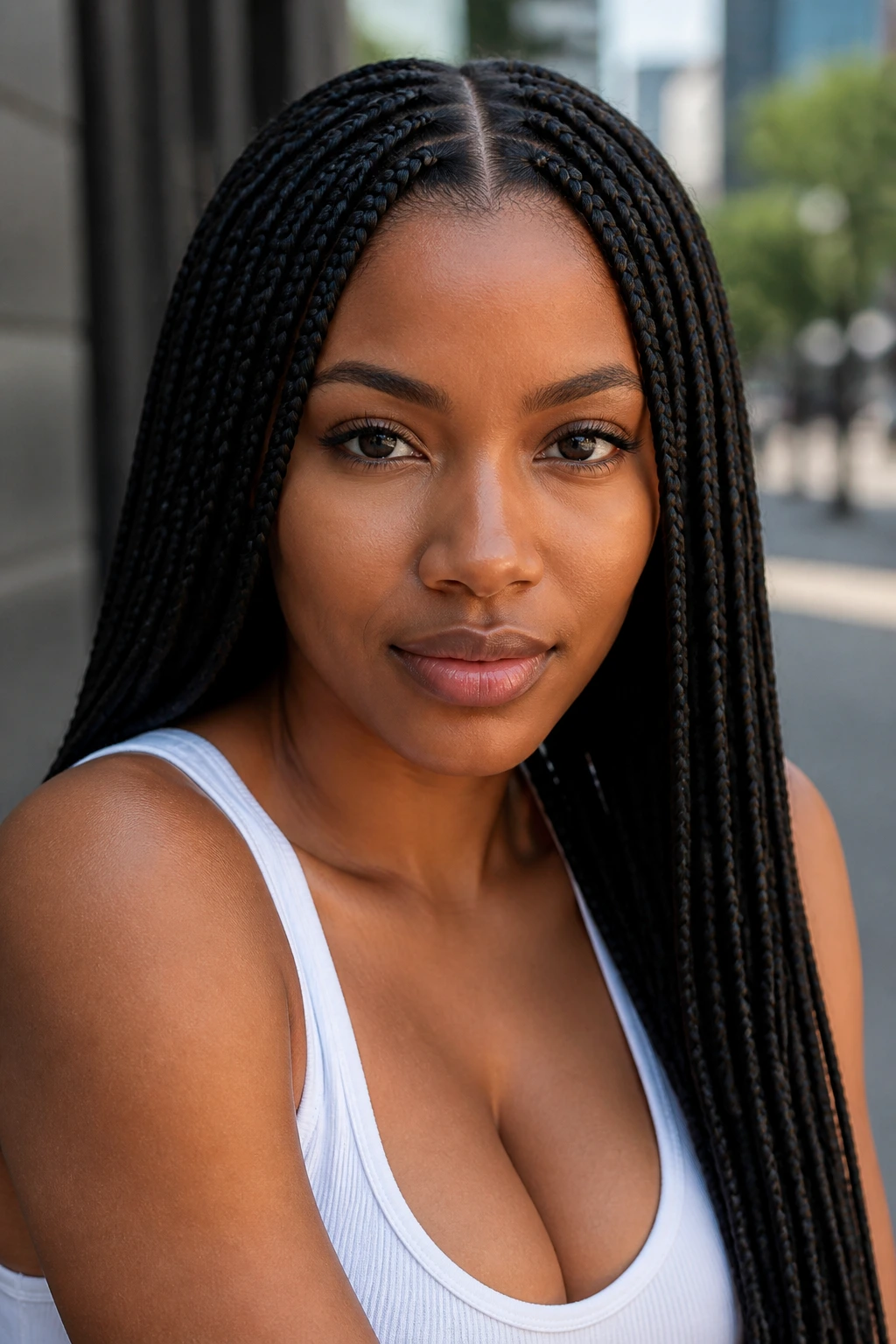 Close-up of a real woman with box braids and a center part