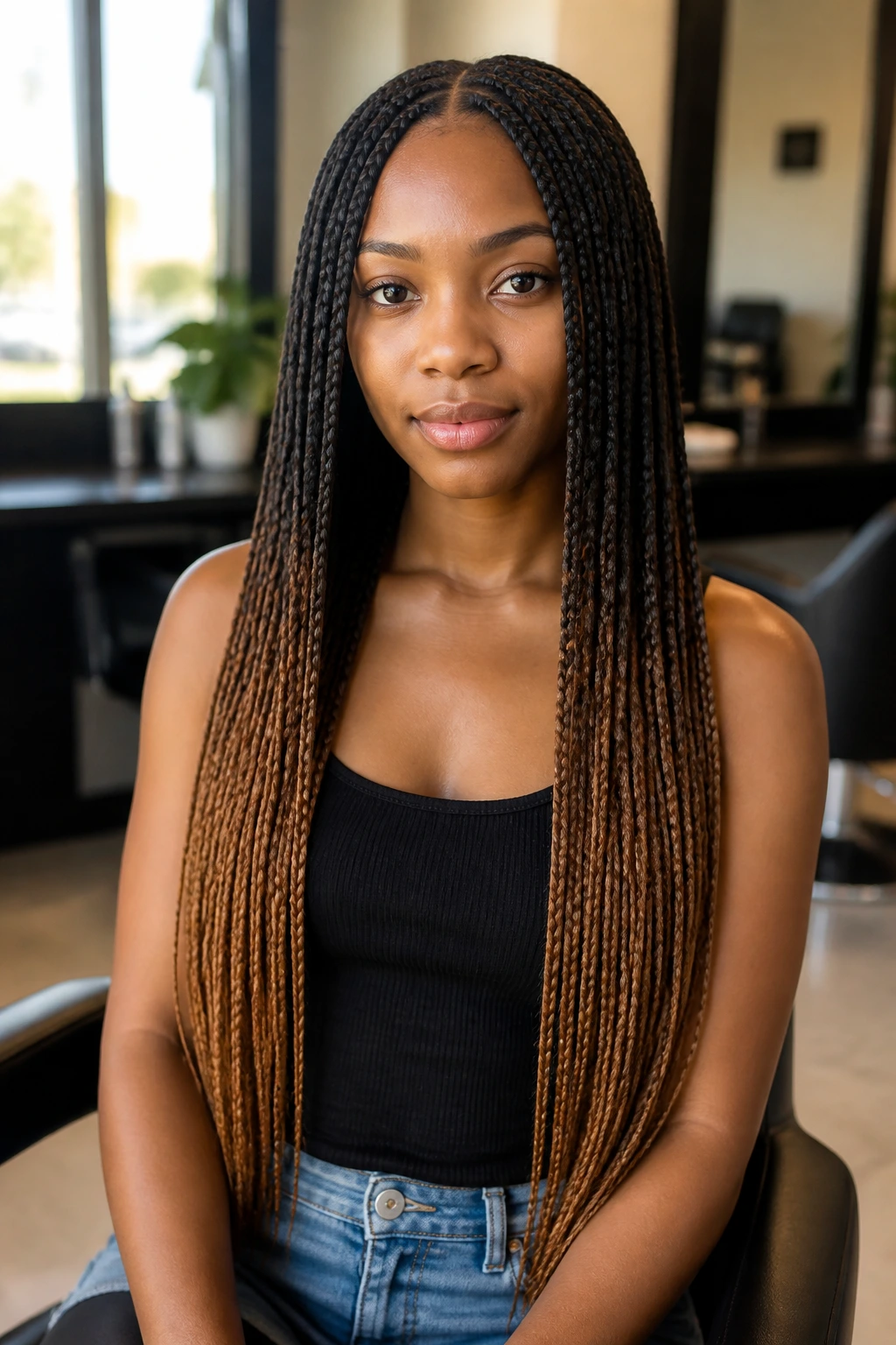 Close-up of long box braids with a sharp center part and flat roots