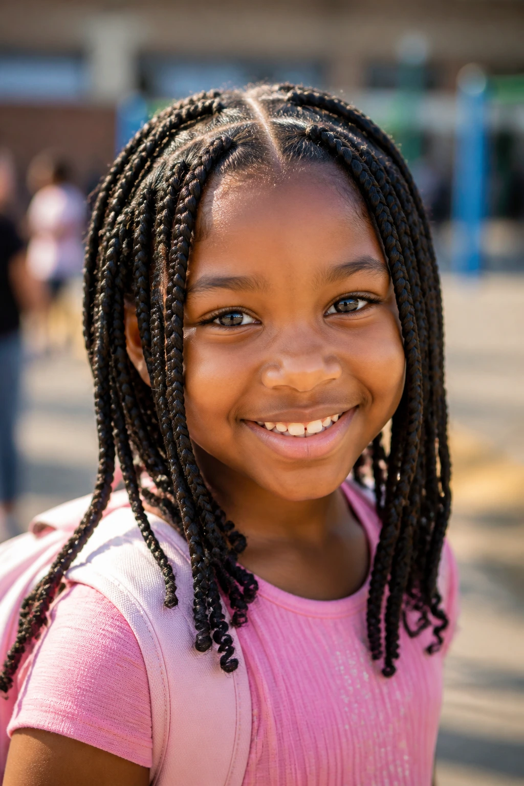 Child with box braids outdoors in a schoolyard.