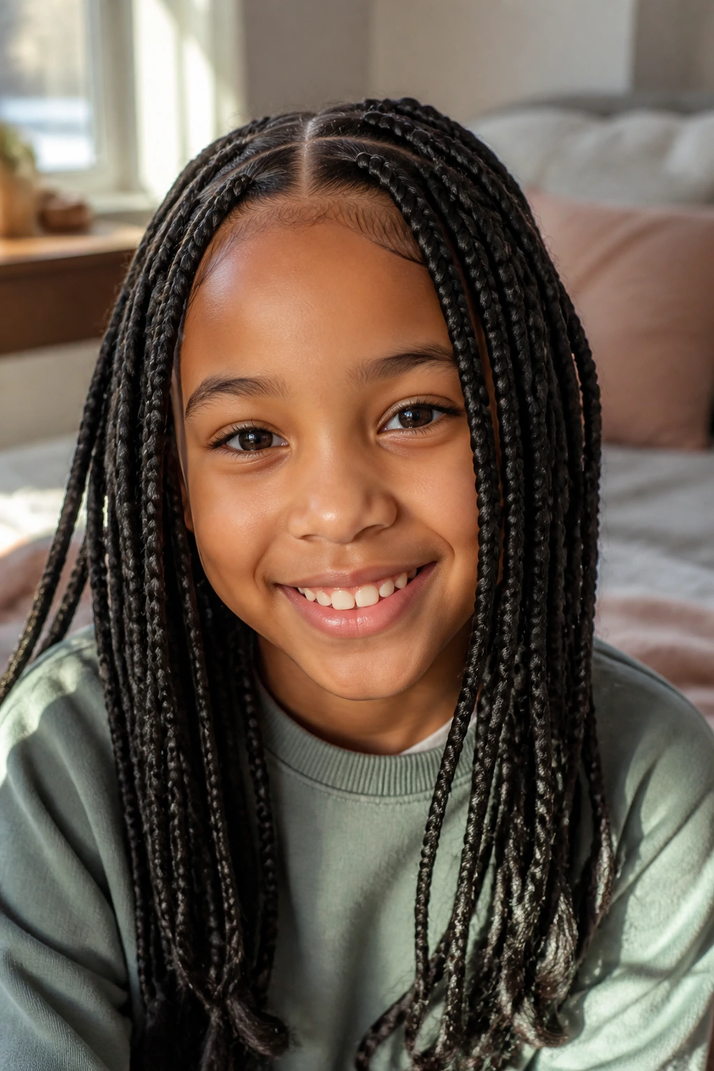 Close-up of a real child with box braids in a cozy bedroom.