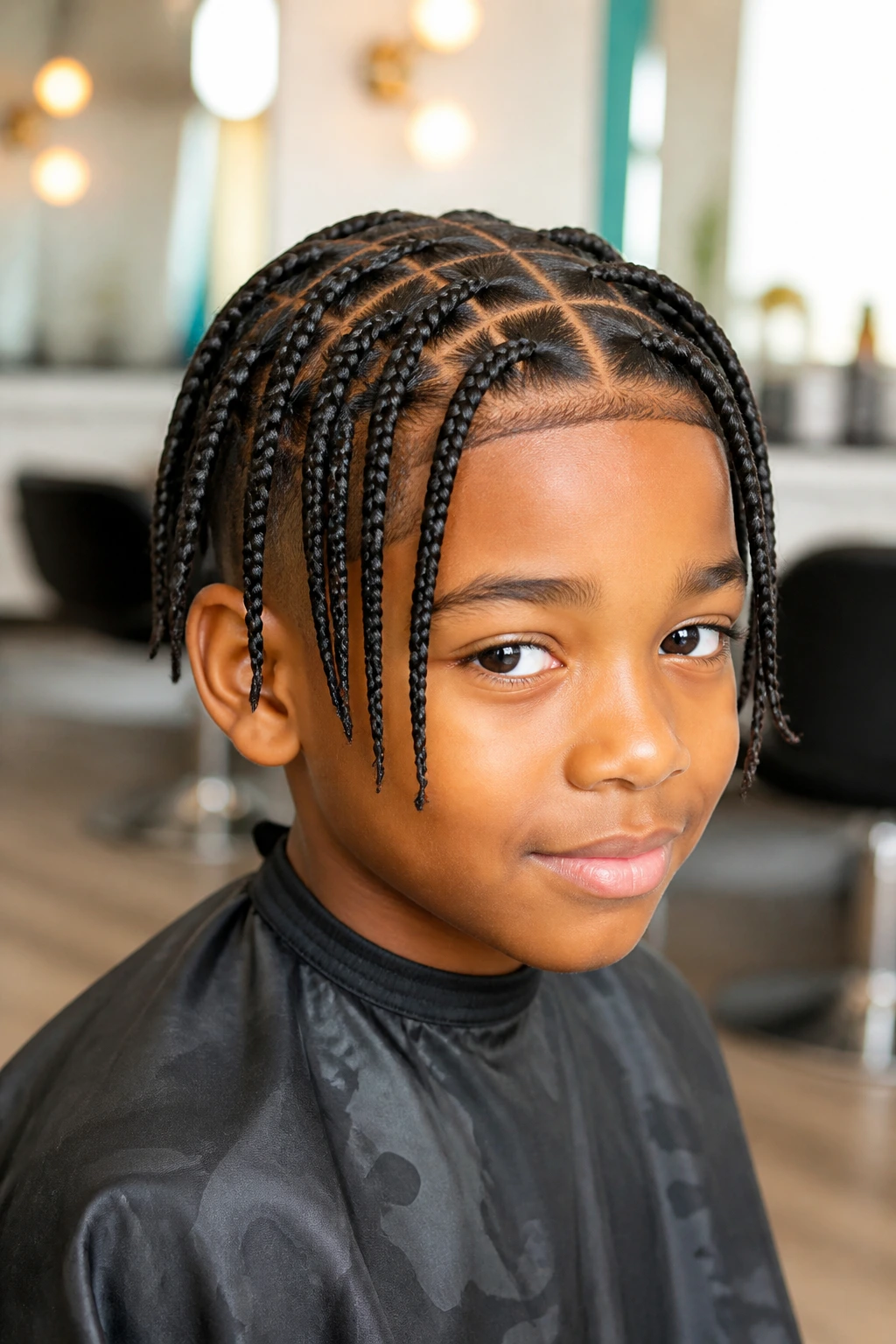Close-up of a real boy's head with box braids and clean square parts.
