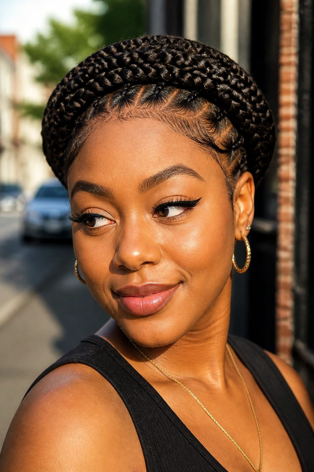 Close-up of a real person wearing a box-braid crown around the head