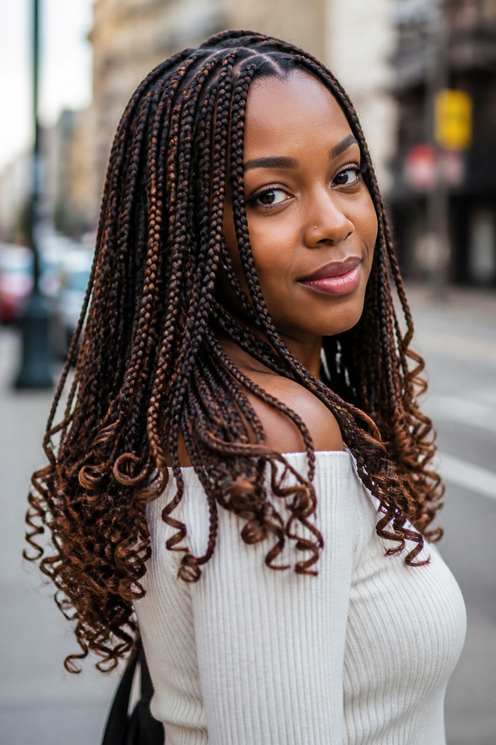 Woman with box braids showing curled ends and color variation outdoors.