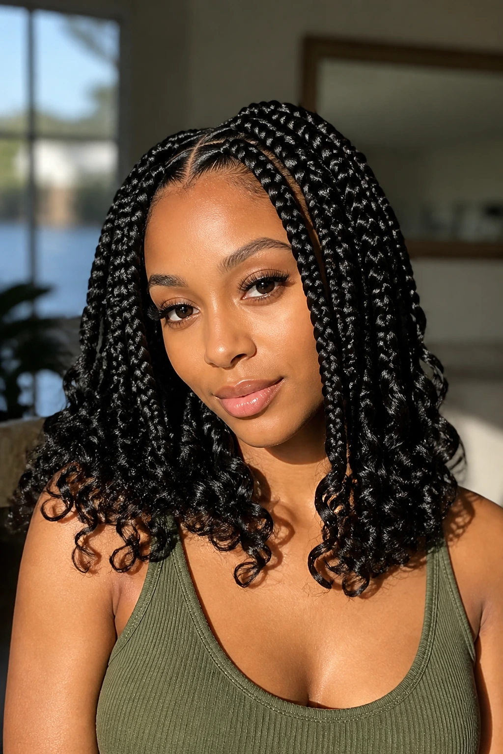 Close-up portrait of jumbo box braids with curly ends on a real woman in a sunlit living room.