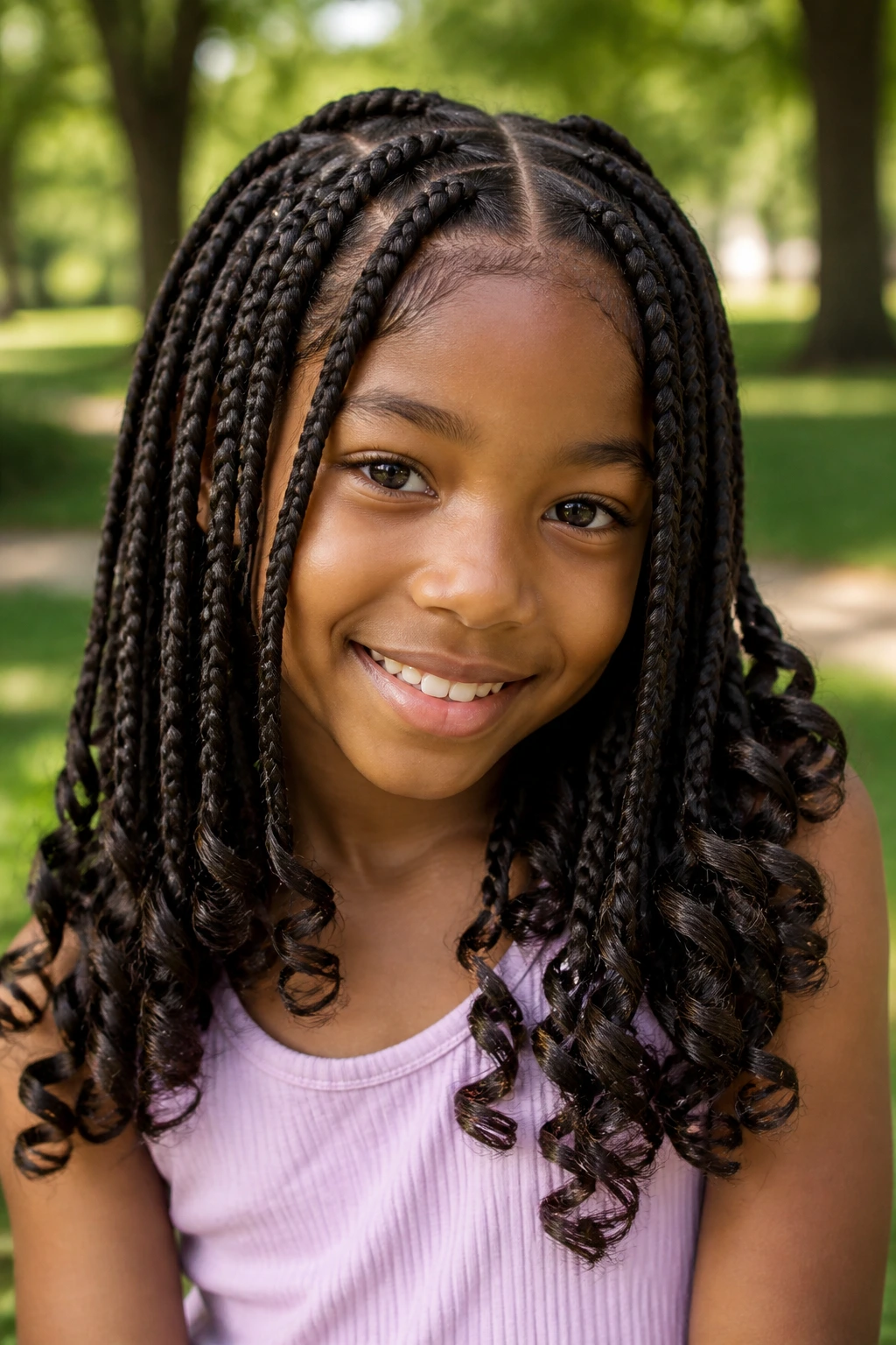 Close-up of a real child with braids ending in curls in a park