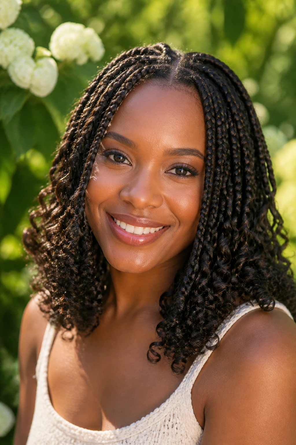 Close-up portrait of a woman with medium box braids and curly ends