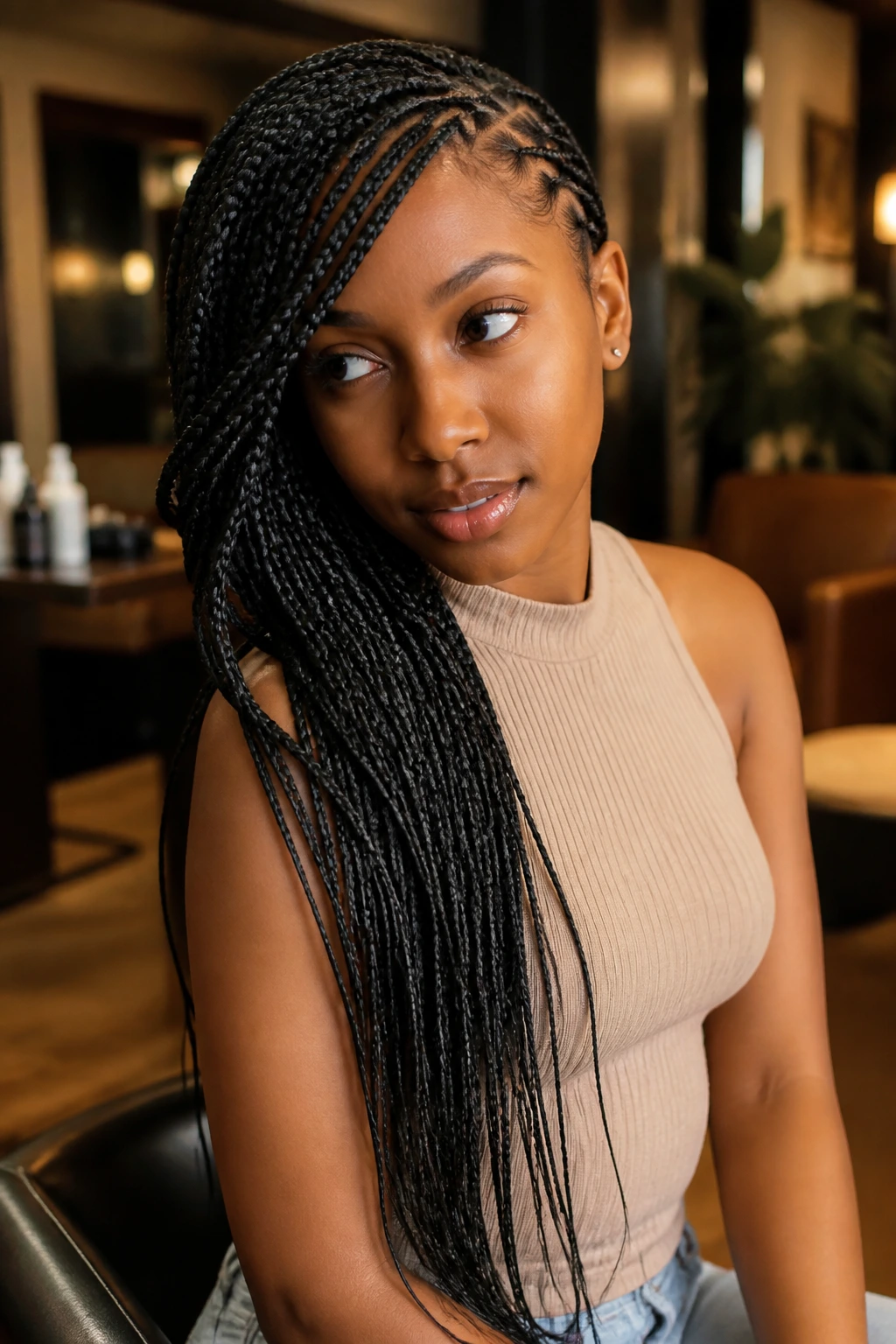 Real person with deep side-swept box braids resting over one shoulder