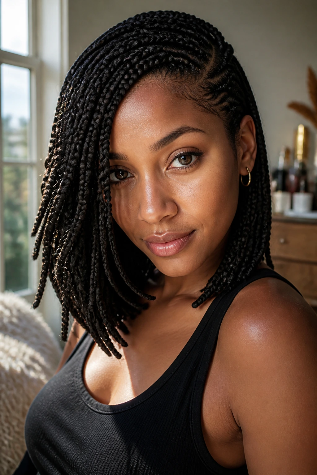 Portrait of a woman with a deep side-part box braid swing