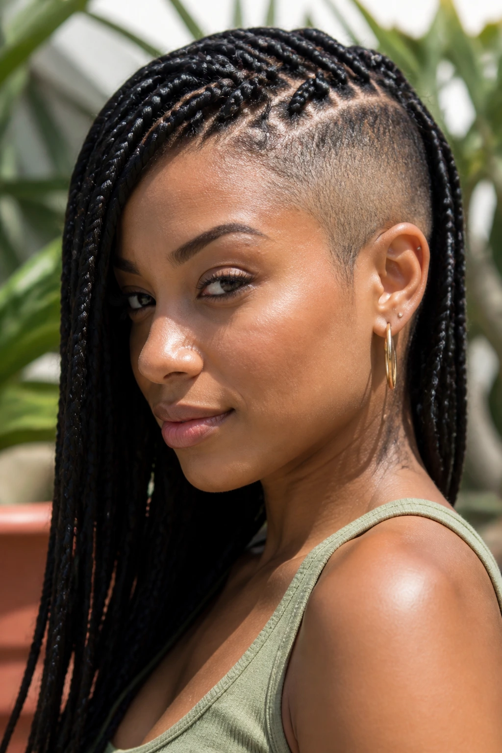 Close-up of a real woman with box braids and a side fade