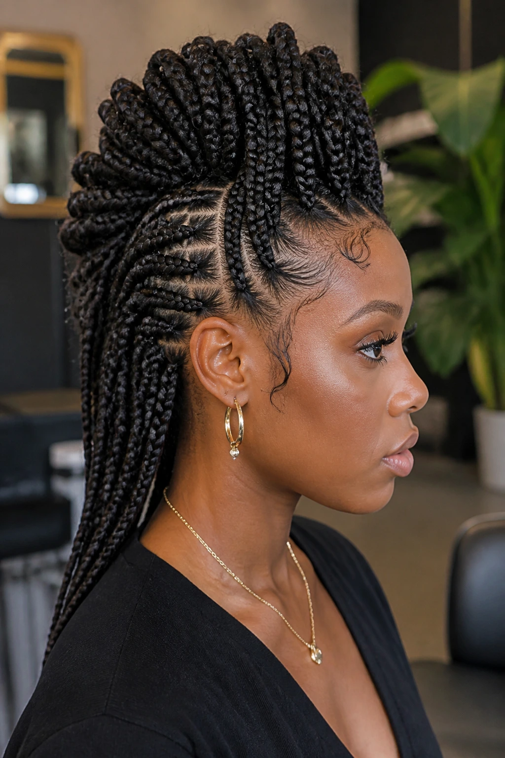Portrait of a real woman with box braids styled into a faux hawk