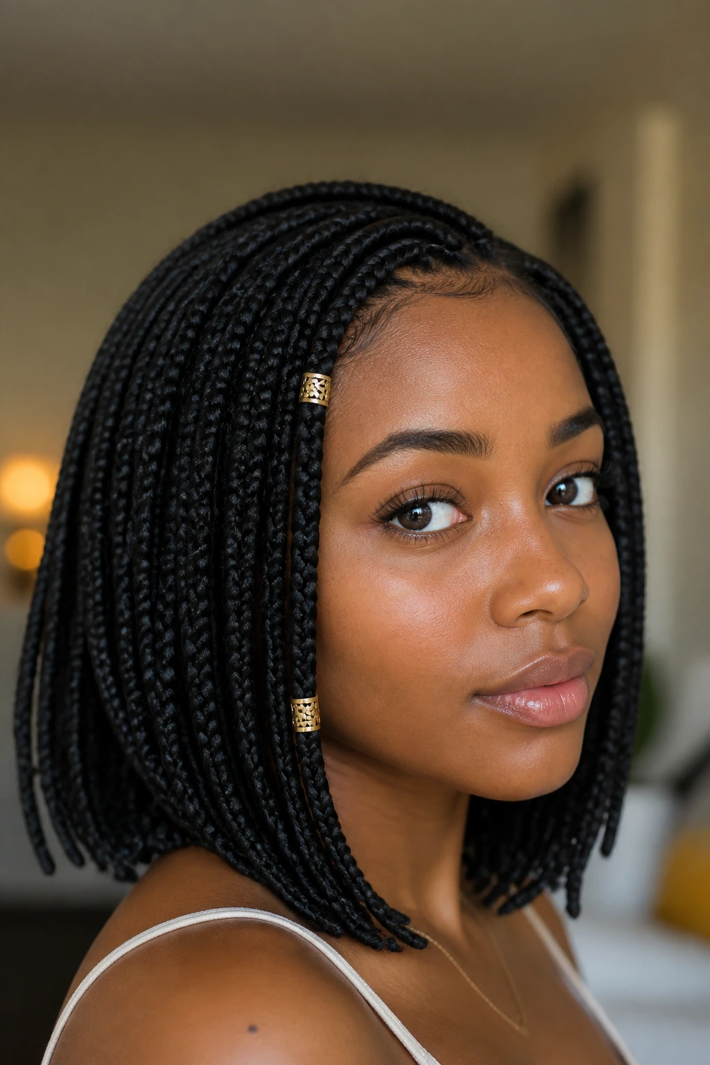 Close-up portrait of a real woman with gold cuffed box braids near temple and jaw.