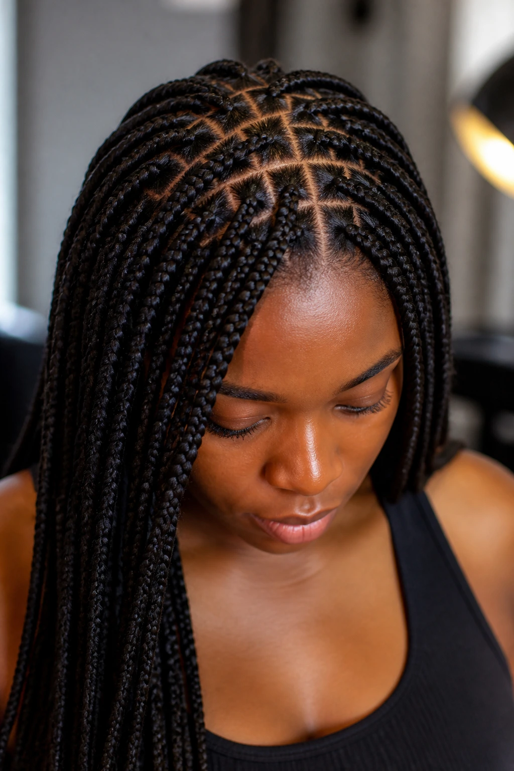 Close-up of a real woman with box braids showing scalp grid and part